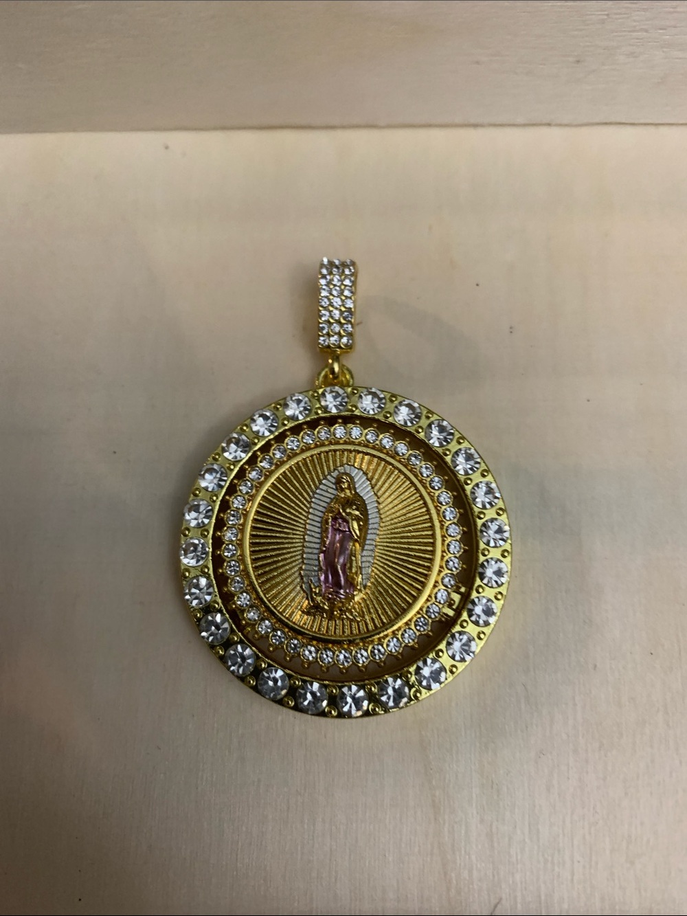 Gold Virgin Mary Medallion Spinning Pendant with Clear Crystal Halo 🙏🏼